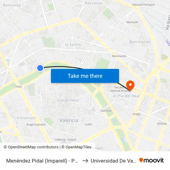 Menéndez Pidal (Imparell) - Pare Ferrís to Universidad De Valencia map