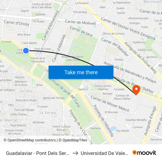 Guadalaviar - Pont Dels Serrans to Universidad De Valencia map