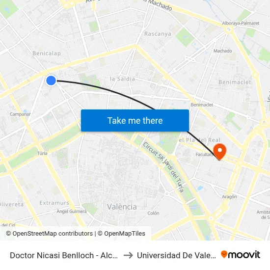 Doctor Nicasi Benlloch - Alcubles to Universidad De Valencia map