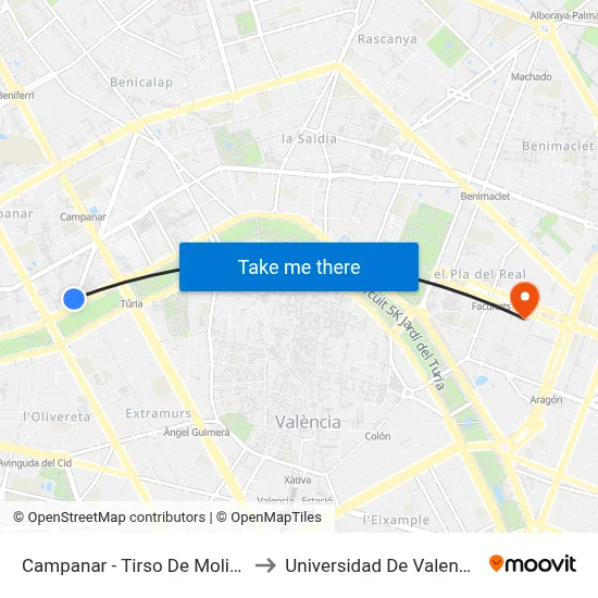 Campanar - Tirso De Molina to Universidad De Valencia map