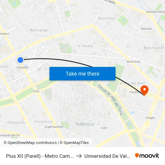 Pius XII (Parell) - Metro Campanar to Universidad De Valencia map