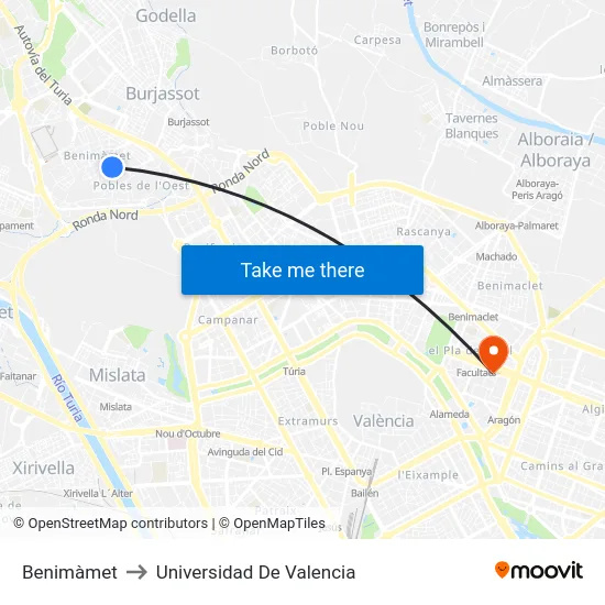 Benimàmet to Universidad De Valencia map