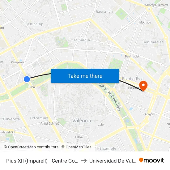 Pius XII (Imparell) - Centre Comercial to Universidad De Valencia map