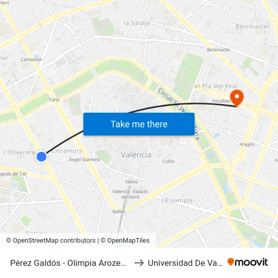 Pérez Galdós - Olimpia Arozena Torres to Universidad De Valencia map