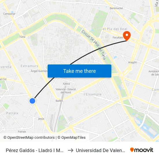 Pérez Galdós - Lladró I Mallí to Universidad De Valencia map