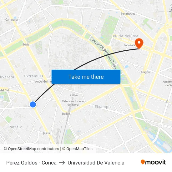 Pérez Galdós - Conca to Universidad De Valencia map
