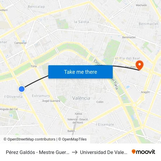 Pérez Galdós - Mestre Guerrero to Universidad De Valencia map