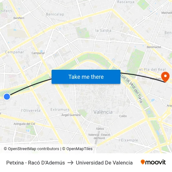Petxina - Racó D'Ademús to Universidad De Valencia map