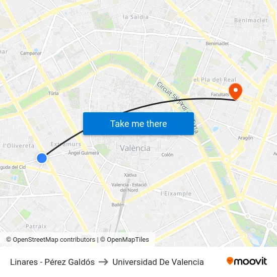 Linares - Pérez Galdós to Universidad De Valencia map
