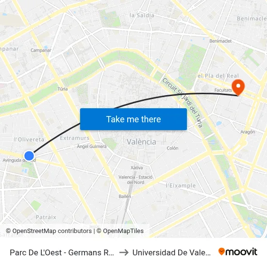 Parc De L'Oest - Germans Rivas to Universidad De Valencia map