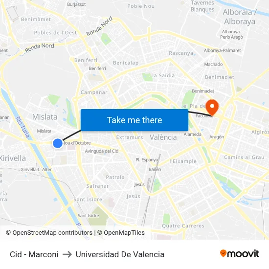 Cid - Marconi to Universidad De Valencia map