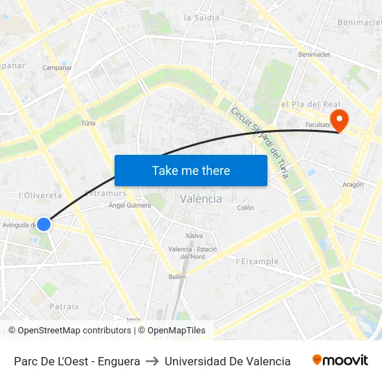 Parc De L'Oest - Enguera to Universidad De Valencia map