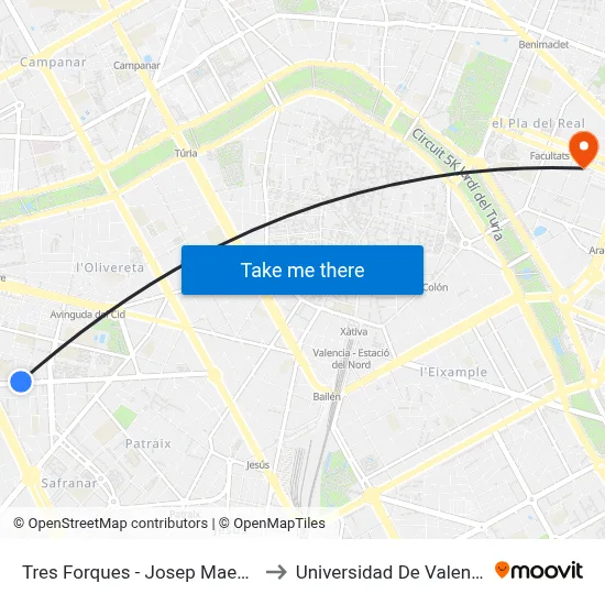 Tres Forques - Josep Maestre to Universidad De Valencia map