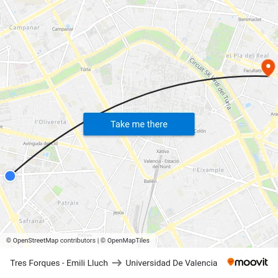 Tres Forques - Emili Lluch to Universidad De Valencia map