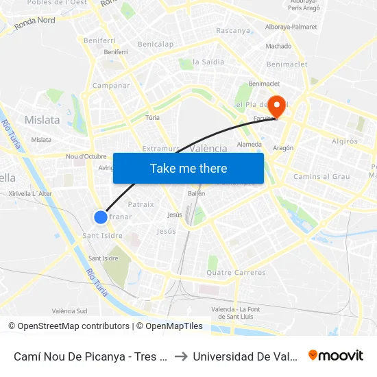 Camí Nou De Picanya - Tres Creus to Universidad De Valencia map