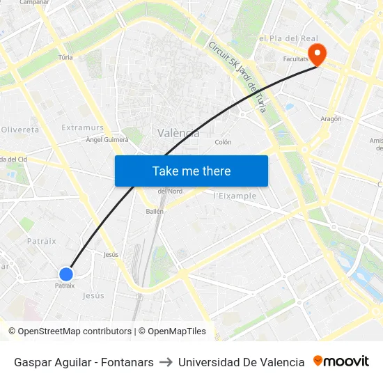 Gaspar Aguilar - Fontanars to Universidad De Valencia map