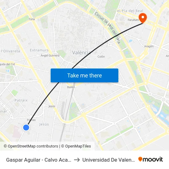 Gaspar Aguilar - Calvo Acacio to Universidad De Valencia map