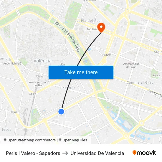 Peris I Valero - Sapadors to Universidad De Valencia map