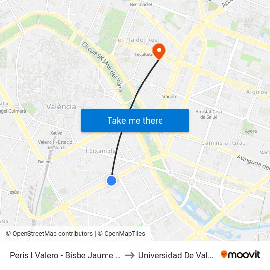 Peris I Valero - Bisbe Jaume Pérez to Universidad De Valencia map