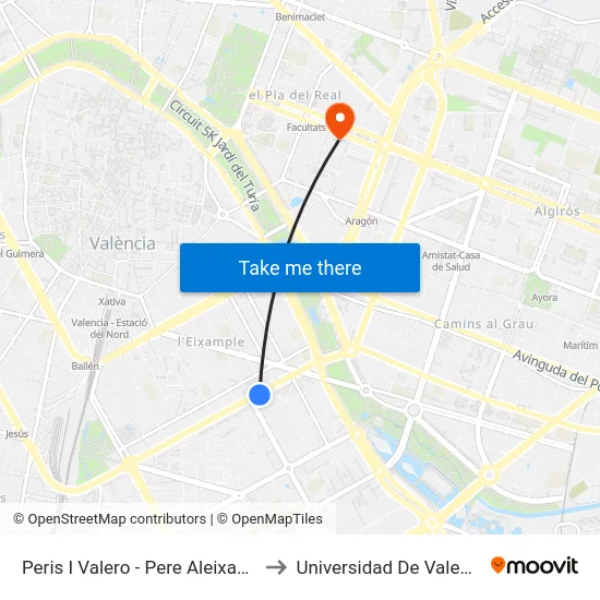 Peris I Valero - Pere Aleixandre to Universidad De Valencia map