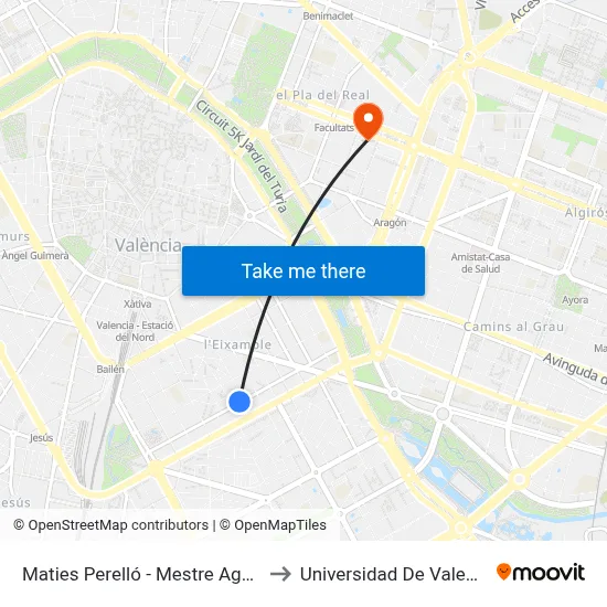 Maties Perelló - Mestre Aguilar to Universidad De Valencia map