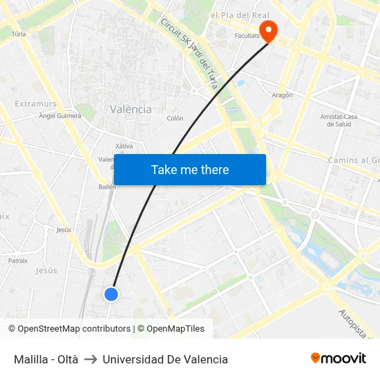 Malilla - Oltà to Universidad De Valencia map