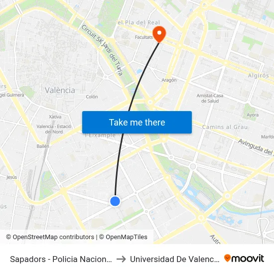 Sapadors - Policia Nacional to Universidad De Valencia map