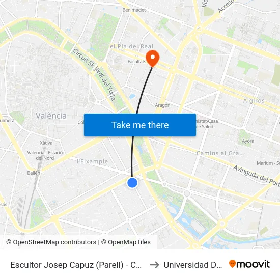 Escultor Josep Capuz (Parell) - Centre D'Especialitats to Universidad De Valencia map