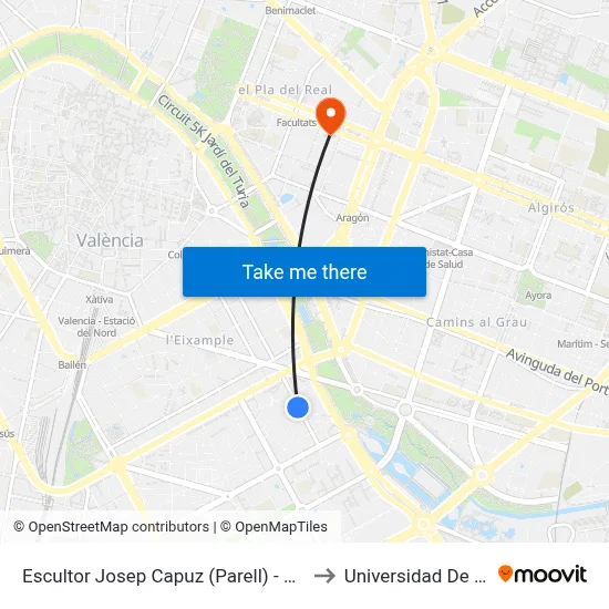 Escultor Josep Capuz (Parell) - Pere Aleixandre to Universidad De Valencia map