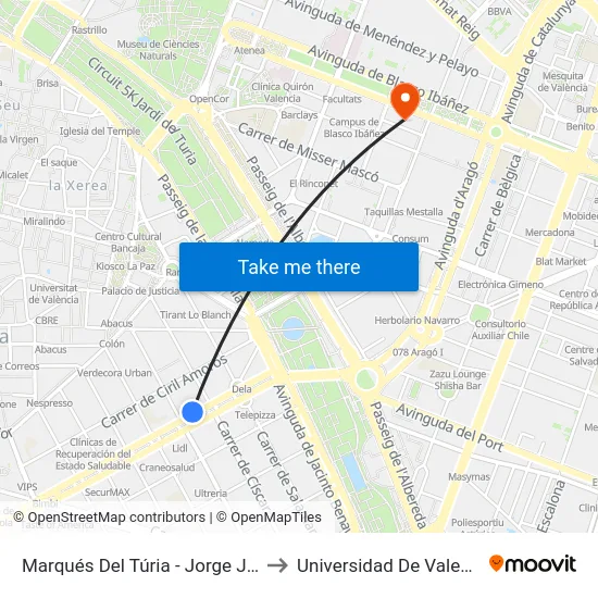 Marqués Del Túria - Jorge Juan to Universidad De Valencia map