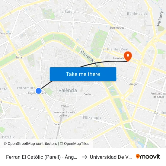 Ferran El Catòlic (Parell) - Àngel Guimerà to Universidad De Valencia map