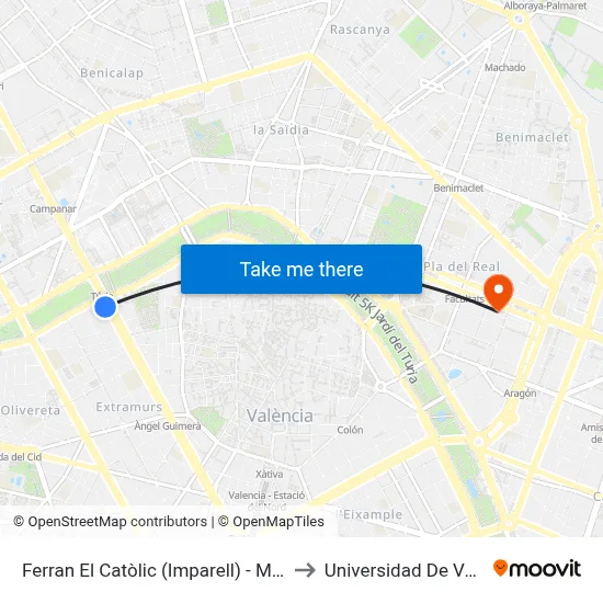 Ferran El Catòlic (Imparell)  - Metro Túria to Universidad De Valencia map
