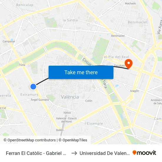 Ferran El Catòlic - Gabriel Miró to Universidad De Valencia map
