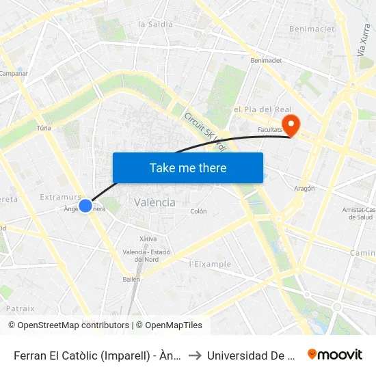 Ferran El Catòlic (Imparell) - Àngel Guimerà to Universidad De Valencia map