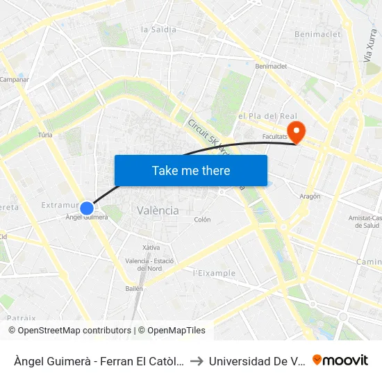 Àngel Guimerà - Ferran El Catòlic (Central) to Universidad De Valencia map