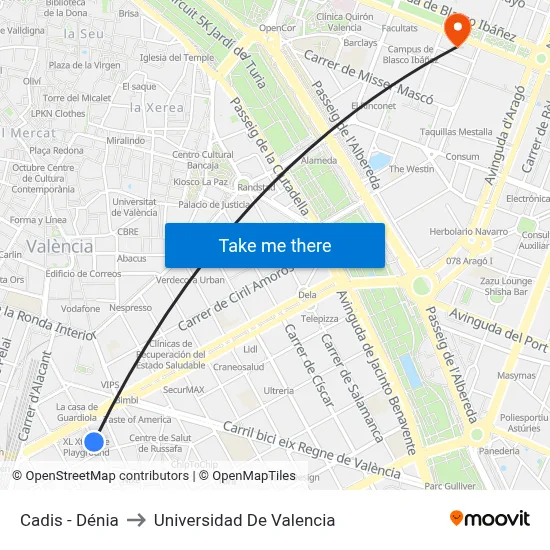 Cadis - Dénia to Universidad De Valencia map
