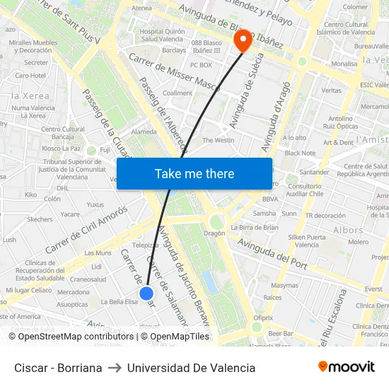 Ciscar - Borriana to Universidad De Valencia map