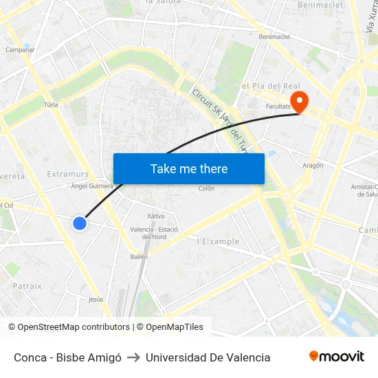 Conca - Bisbe Amigó to Universidad De Valencia map
