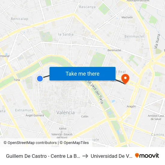 Guillem De Castro - Centre La Beneficència to Universidad De Valencia map