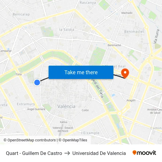 Quart - Guillem De Castro to Universidad De Valencia map