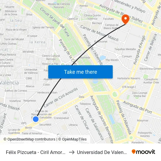 Félix Pizcueta - Ciril Amorós to Universidad De Valencia map