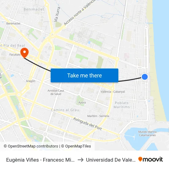 Eugènia Viñes - Francesc Miralles to Universidad De Valencia map