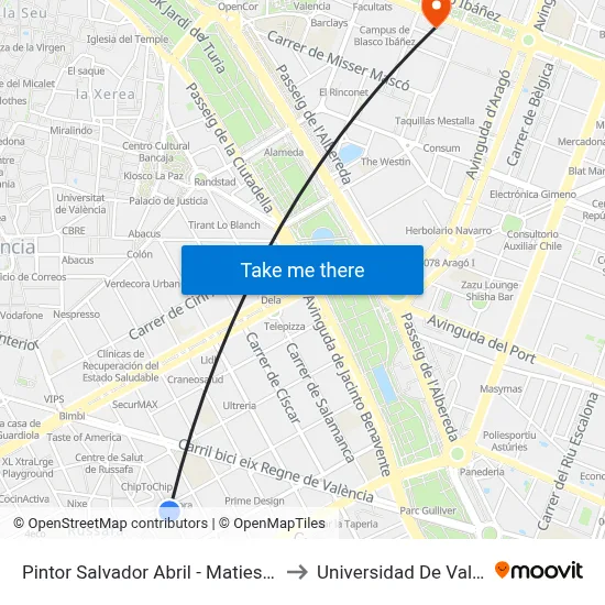 Pintor Salvador Abril - Maties Perelló to Universidad De Valencia map