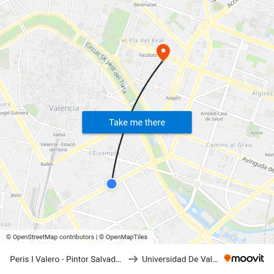 Peris I Valero - Pintor Salvador Abril to Universidad De Valencia map