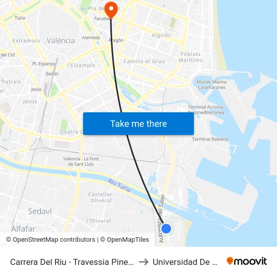 Carrera Del Riu - Travessia Pinedo A La Mar to Universidad De Valencia map