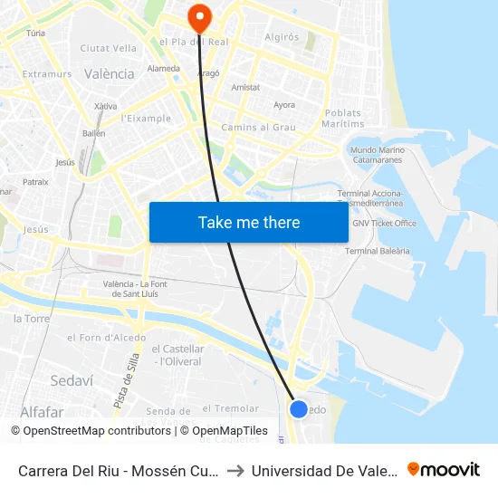 Carrera Del Riu - Mossén Cuenca to Universidad De Valencia map
