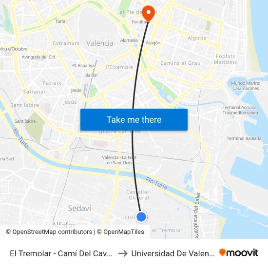El Tremolar - Camí Del Cavalló to Universidad De Valencia map
