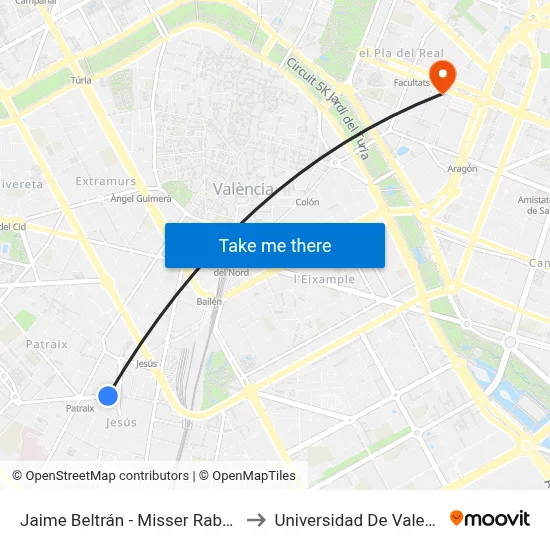 Jaime Beltrán - Misser Rabassa to Universidad De Valencia map