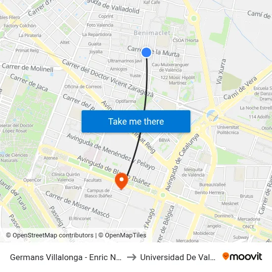 Germans Villalonga - Enric Navarro to Universidad De Valencia map