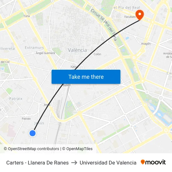 Carters - Llanera De Ranes to Universidad De Valencia map
